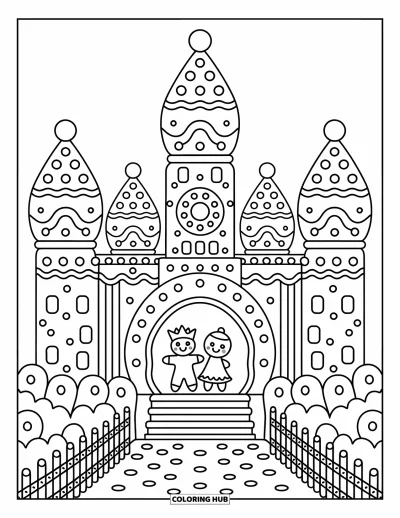 Coloriage de maison en pain d'épices pour adultes : Un prince et une princesse en pain d'épices se tiennent sur un balcon en bonbons de leur majestueux château de biscuits