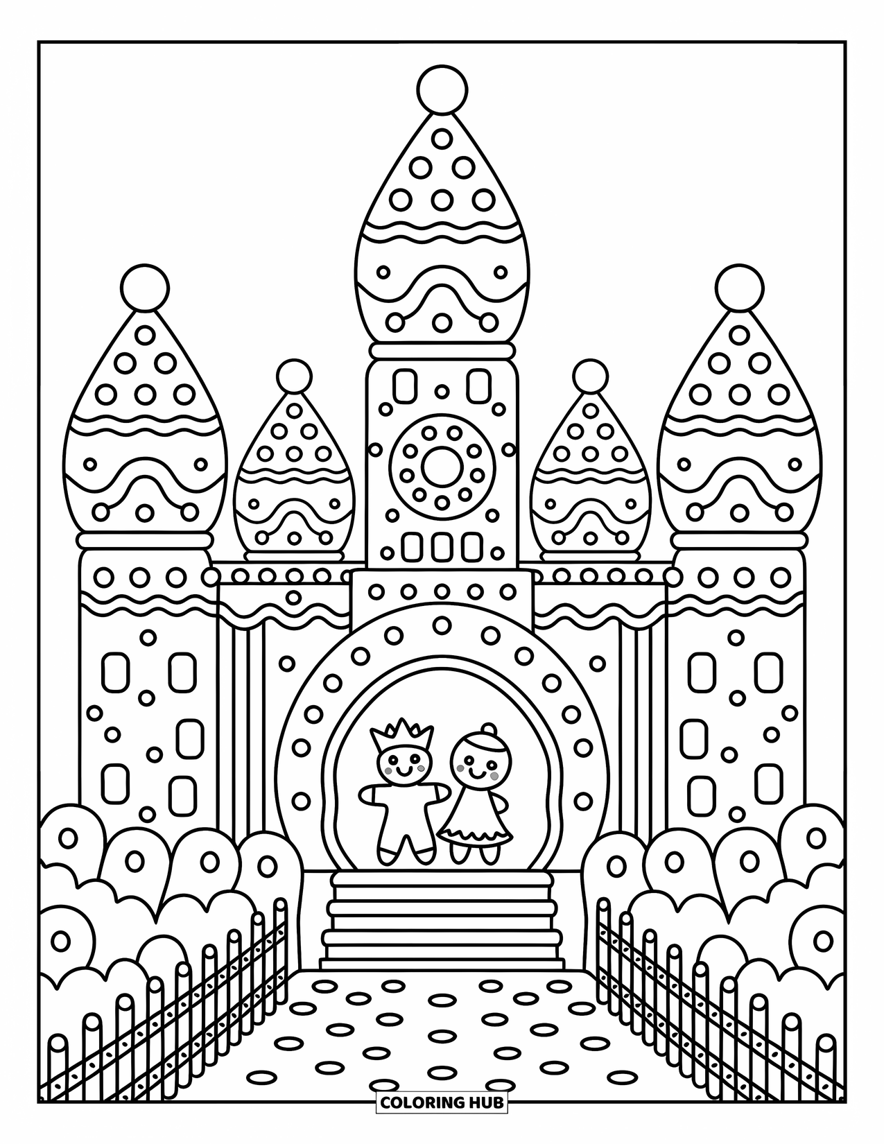 Disegno di pan di zenzero da colorare per adulti: Un principe e una principessa di pan di zenzero si ergono su un balcone di caramelle del loro maestoso castello di biscotti