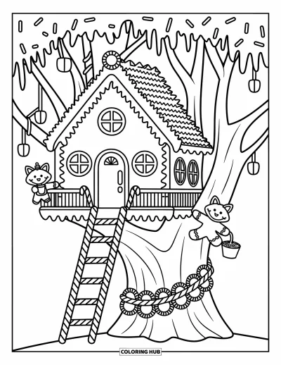 Coloriage de maison en pain d'épices pour adultes : Une cabane dans un arbre en pain d'épices avec une échelle de canne en bonbon, où un minuscule renard déguste un cacao chaud