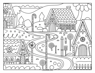 Coloriage de maison en pain d'épices pour adultes : Un village en pain d'épices comprenant un château, une église et des rues sur le thème des bonbons