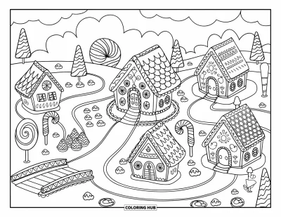 Coloriage de maison en pain d'épices pour adultes : Un village en pain d'épices avec des douves de sirop, un pont-levis et de charmantes maisons remplies de bonbons