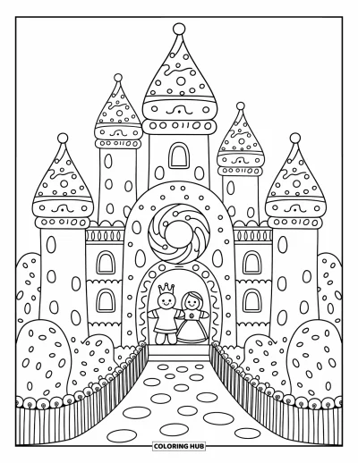 Coloriage de maison en pain d'épices pour adultes : Un grand château en pain d'épices avec des piliers de glaçage, des clôtures de bonbons et un duo royal en pain d'épices