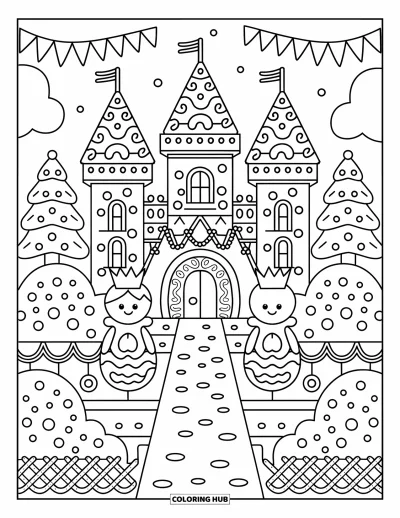 Coloriage de maison en pain d'épices pour adultes : Un grand château en pain d'épices avec des tours de glaçage, une entrée de beigne et de minuscules figurines royales en pain d'épices