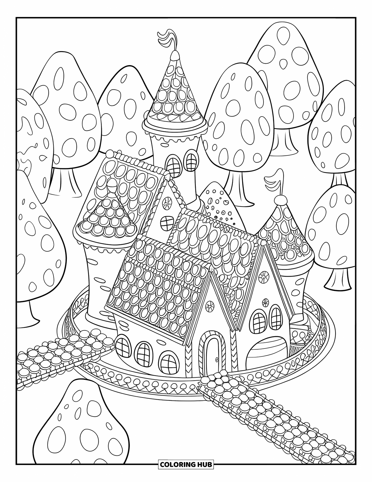 Disegno di pan di zenzero da colorare per adulti: Un maestoso castello di pan di zenzero con un fossato di glassa e una foresta piena di caramelle gommose