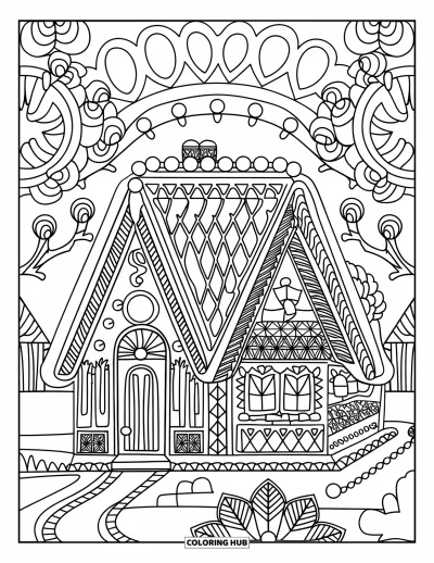 Coloriage de maison en pain d'épices pour adultes : Une maison en pain d'épices de style mandala avec des motifs de glaçage symétriques et des accents artistiques de bonbons
