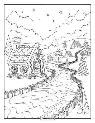 Coloriage de maison en pain d'épices pour adultes : Une scène paisible en pain d'épices avec une rivière de menthe poivrée qui coule à travers des collines couvertes de bonbons