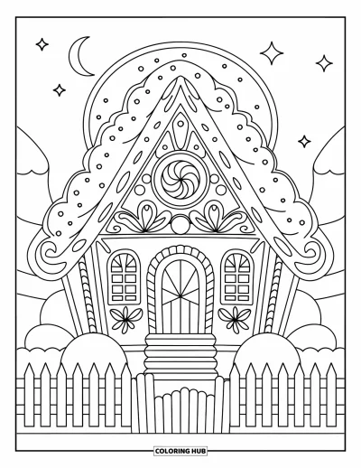 Coloriage de maison en pain d'épices pour adultes : Une maison symétrique en pain d'épices avec des motifs artistiques, une clôture de piquets et un ciel étoilé