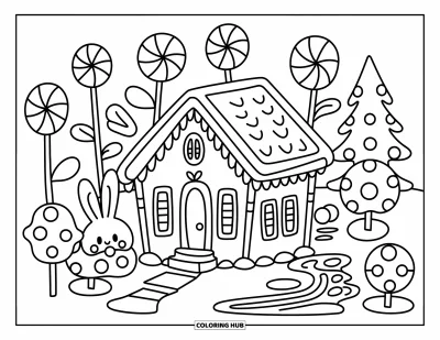Coloriage de maison en pain d'épice pour adultes : Un petit lapin en pain d'épice jette un coup d'œil depuis un jardin de bonbons, avec une rivière de chocolat qui coule à proximité