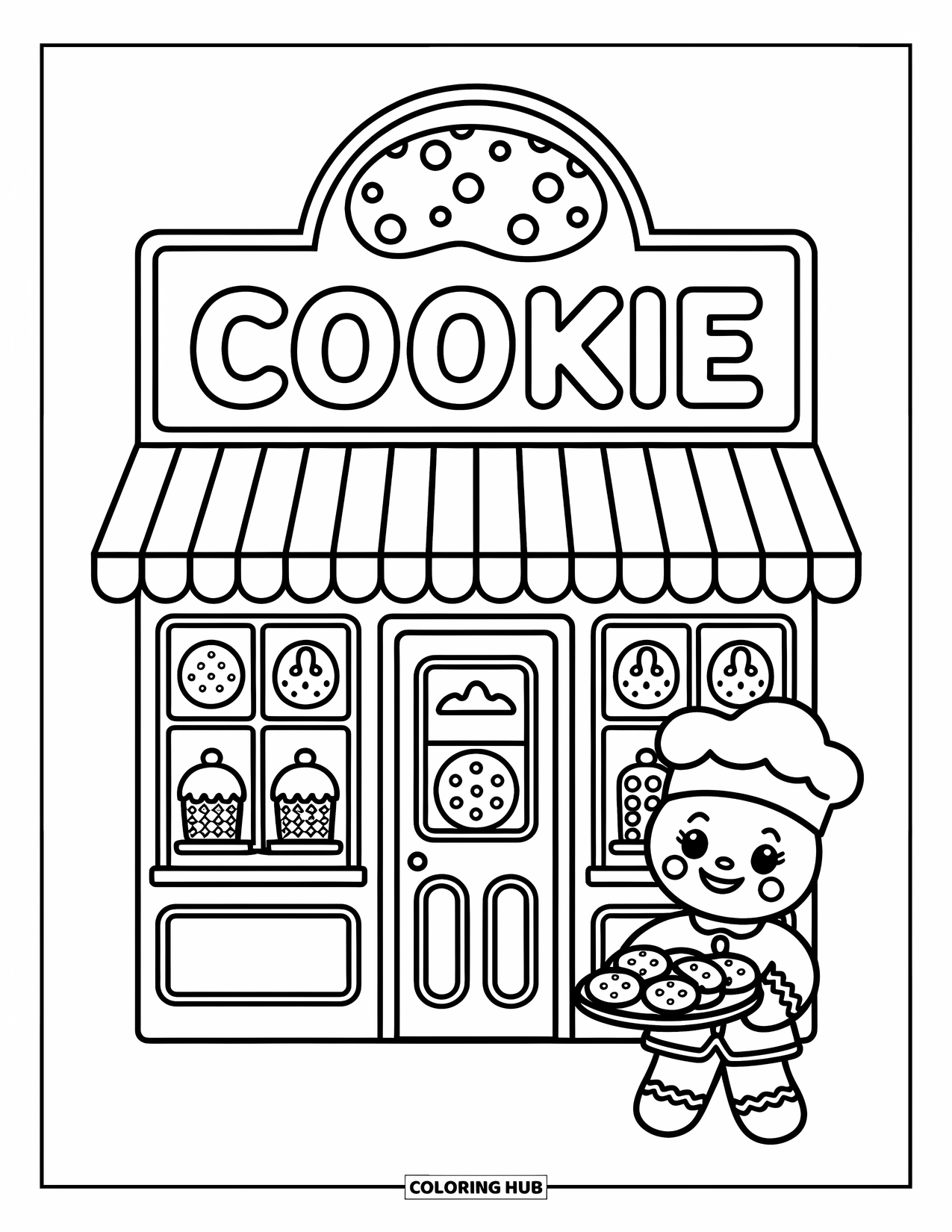 Disegno da colorare di una casetta di pan di zenzero per adulti: Un minuscolo chef di pan di zenzero presenta biscotti freschi davanti a un'accogliente panetteria ricoperta di caramelle