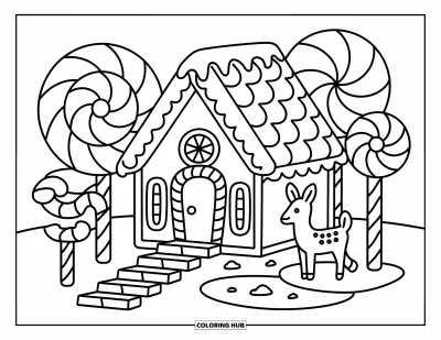 Coloriage de maison en pain d'épices pour adultes : Un minuscule cerf en pain d'épices se tient près d'un étang de caramel près d'une cabane confortable remplie de bonbons
