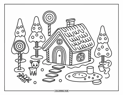 Coloriage de maison en pain d'épice pour adultes : Un petit cerf en pain d'épice se tient près d'un étang de caramel près d'une cabane confortable en pain d'épice