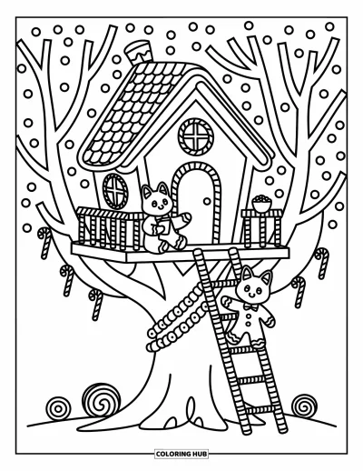 Coloriage de maison en pain d'épice pour adultes : Un petit renard en pain d'épice déguste du cacao dans une cabane dans les arbres recouverte de glaçage avec des décorations de bonbons
