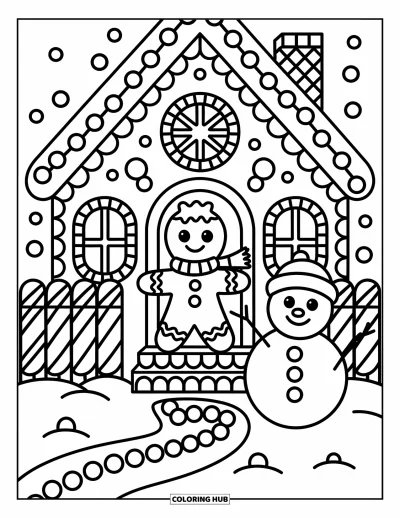 Coloriage de maison en pain d'épice pour adultes : Une petite personne en pain d'épice et un bonhomme de neige en guimauve se tiennent joyeusement devant leur maison remplie de bonbons
