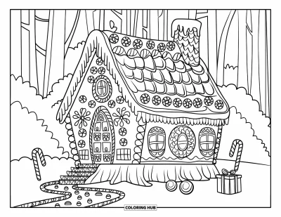 Coloriage de maison en pain d'épices pour adultes : Une maison fantaisiste en pain d'épices sur une souche, entourée de chemins de bonbons et d'une toile de fond forestière