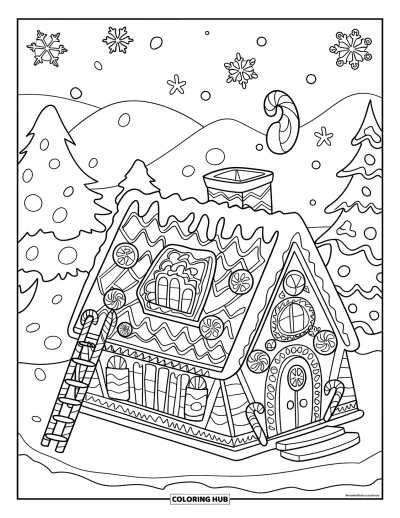 Coloriage de maison en pain d'épices pour adultes : Une maison en pain d'épices de pays des merveilles hivernales avec un toit de chaume, un décor de bonbons et des arbres enneigés