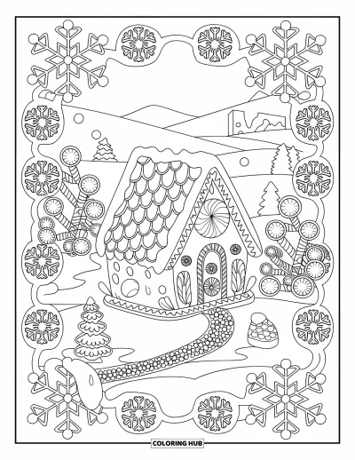 Coloriage de maison en pain d'épices pour adultes : Une maison hivernale en pain d'épices avec des arbres de bonbons, un chemin de pépites de chocolat et des collines enneigées