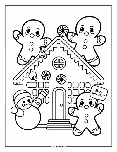 Coloriage de maison en pain d'épice pour adultes : Des personnages en pain d'épice décorent une maison avec des bonbons, tandis qu'un bonhomme de neige en guimauve réclame des vermicelles