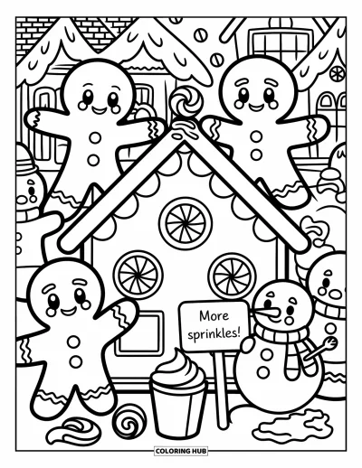 Coloriage de maison en pain d'épice pour adultes : Des amis en pain d'épice travaillent ensemble, ajoutant du glaçage et des bonbons à leur maison à moitié décorée