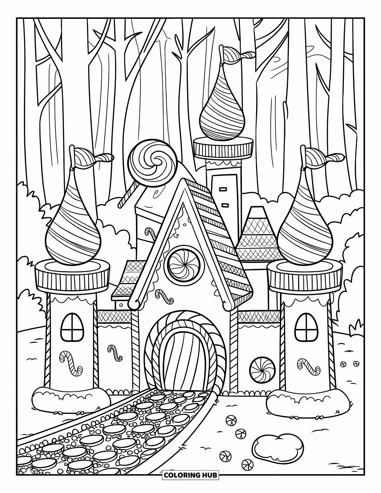 Disegno da colorare di una casetta di pan di zenzero per bambini: Un castello di pan di zenzero rivestito di caramelle con un ponte levatoio e alberi di caramelle gommose