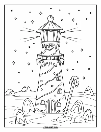 Coloriage de maison en pain d'épice pour enfants : Un phare en pain d'épice à rayures de bonbons avec des rochers de gommes aux fruits et des vagues de glaçage