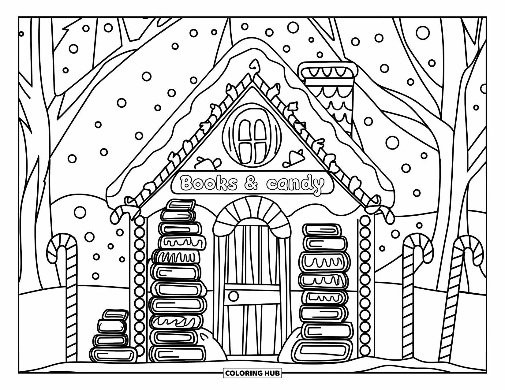 Disegno da colorare di una casetta di pan di zenzero per bambini: Un'affascinante libreria di pan di zenzero con bastoncini di zucchero e un paesaggio innevato