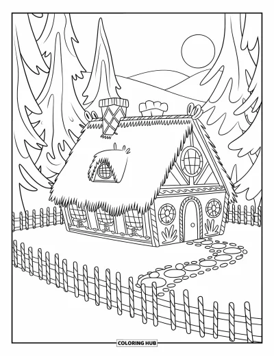 Coloriage de maison en pain d'épice pour enfants : Une charmante maison en pain d'épice avec une clôture en bois et un soleil couchant en arrière-plan