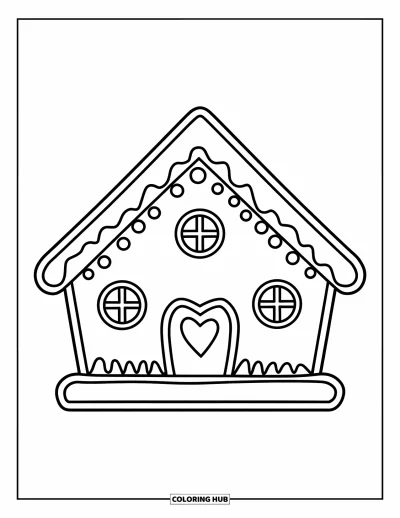 Coloriage de maison en pain d'épice pour enfants : Une charmante maison en pain d'épice avec des arbres de gommes aux fruits et un paysage enneigé