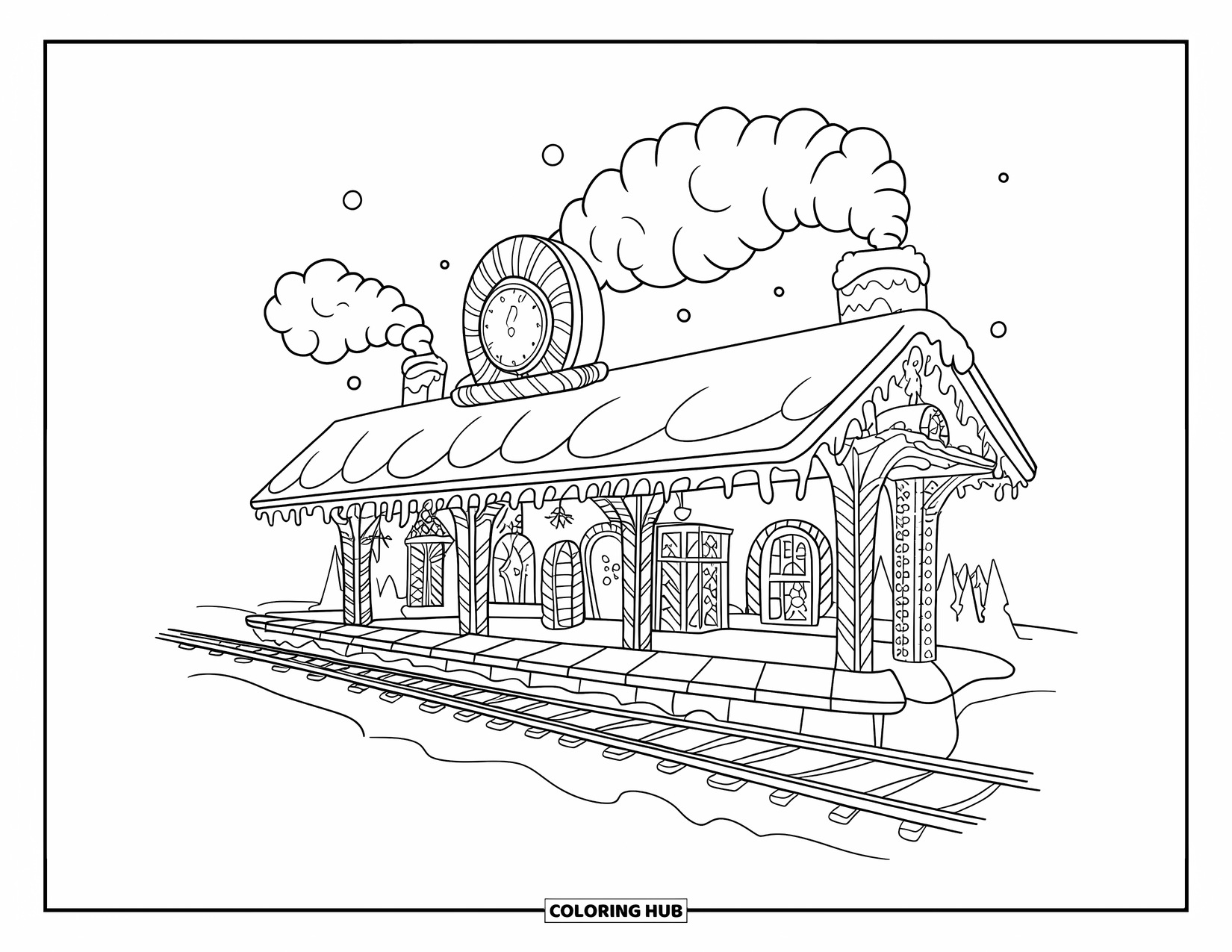 Disegno da colorare di una casetta di pan di zenzero per bambini: Un'affascinante stazione ferroviaria di pan di zenzero con un orologio di menta piperita e un paesaggio innevato