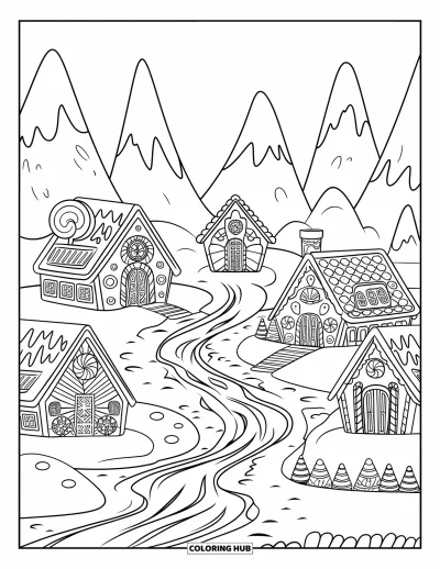 Coloriage de maison en pain d'épice pour enfants : Un charmant village en pain d'épice avec une rivière de chocolat et des maisons recouvertes de bonbons