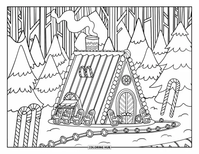Coloriage de maison en pain d'épice pour enfants : Un café confortable en pain d'épice avec des cannes de Noël et un bonhomme en pain d'épice assis à l'extérieur