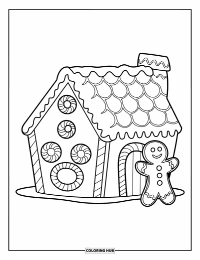 Coloriage de maison en pain d'épice pour enfants : Un chalet confortable en pain d'épice avec un bonhomme en pain d'épice souriant qui fait signe à côté