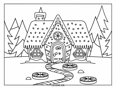 Coloriage de maison en pain d'épice pour enfants : Une maison confortable en pain d'épice décorée de glaçage, de vermicelles et de tremplins à la menthe poivrée