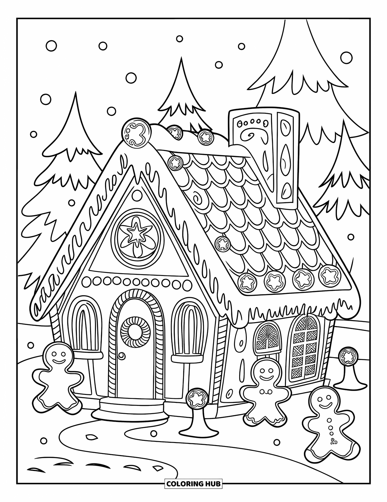 Disegno da colorare di una casetta di pan di zenzero per bambini: Un'accogliente casa di pan di zenzero con una ghirlanda di caramelle e omini di pan di zenzero che decorano il giardino