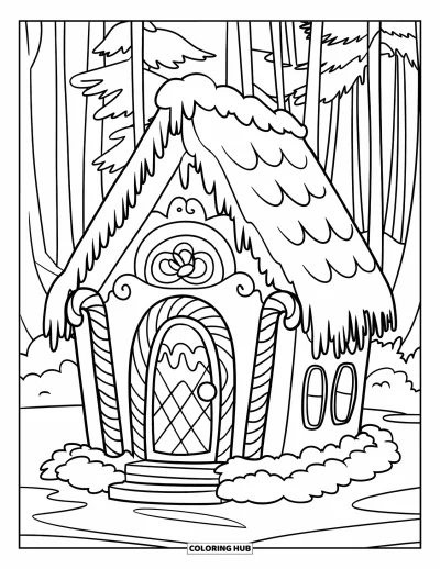 Coloriage de maison en pain d'épice pour enfants : Une maison confortable en pain d'épice avec une porte en chocolat, des cannes de Noël et une toile de fond de forêt paisible