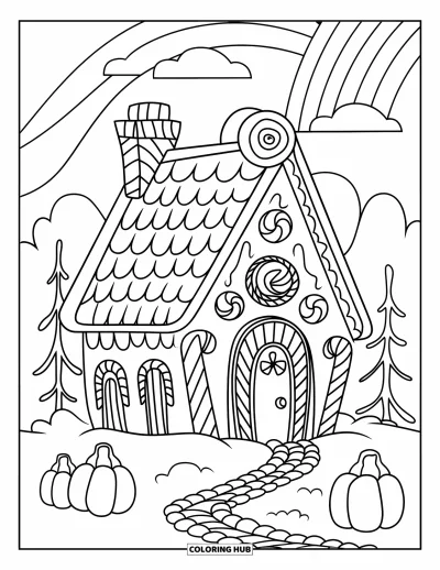 Coloriage de maison en pain d'épice pour enfants : Une maison confortable en pain d'épice avec un toit tourbillonnant à la menthe poivrée et un chemin de bonbons à la gelée