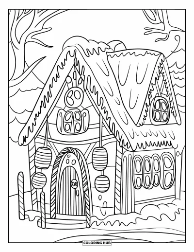 Coloriage de maison en pain d'épice pour enfants : Une maison confortable en pain d'épice avec un toit de chaume et des poteaux de cannes de Noël