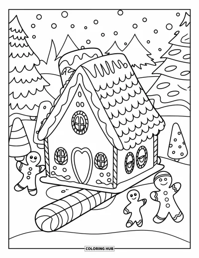 Coloriage de maison en pain d'épice pour enfants : Une maison confortable en pain d'épice avec des fenêtres en forme de cœur et des décorations festives