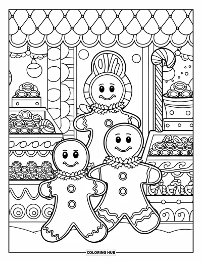 Coloriage de maison en pain d'épice pour enfants : Un marché confortable en pain d'épice avec des friandises des fêtes et des personnages joyeux en pain d'épice