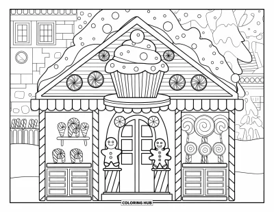 Coloriage de maison en pain d'épice pour enfants : Une boutique confortable en pain d'épice décorée de douceurs festives et d'un paysage enneigé