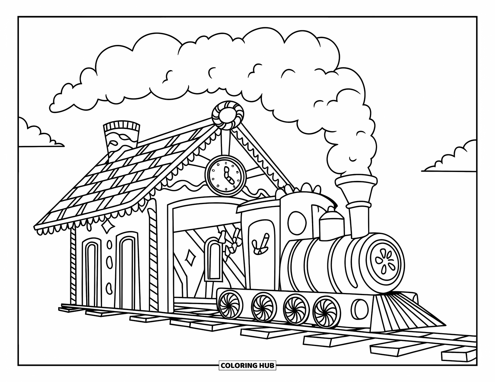 Disegno da colorare di una casetta di pan di zenzero per bambini: Un'accogliente stazione ferroviaria di pan di zenzero con un binario di bastoncini di zucchero e soffice fumo di marshmallow