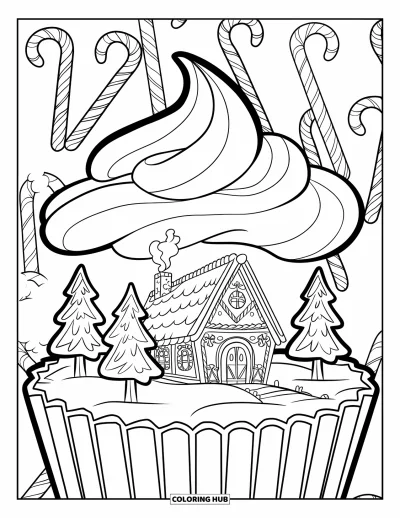 Coloriage de maison en pain d'épice pour enfants : Un chalet en pain d'épice en forme de cupcake avec un toit de chaume et des arbres de cannes de Noël
