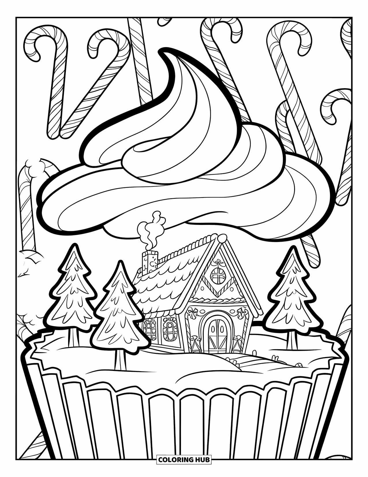 Disegno da colorare di una casetta di pan di zenzero per bambini: Un cottage di pan di zenzero a forma di cupcake con un tetto di paglia e alberi di bastoncini di zucchero