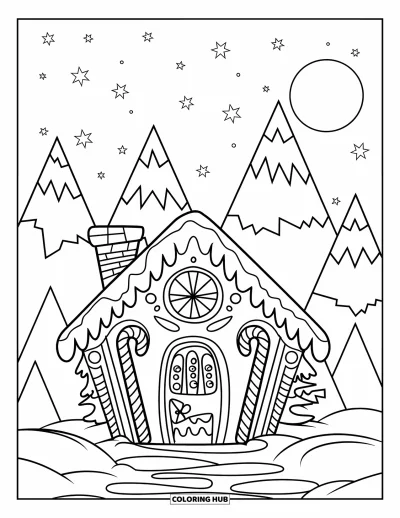 Coloriage de maison en pain d'épice pour enfants : Une jolie maison en pain d'épice avec une grande porte en chocolat, des piliers de cannes de Noël et un toit en glaçage moelleux