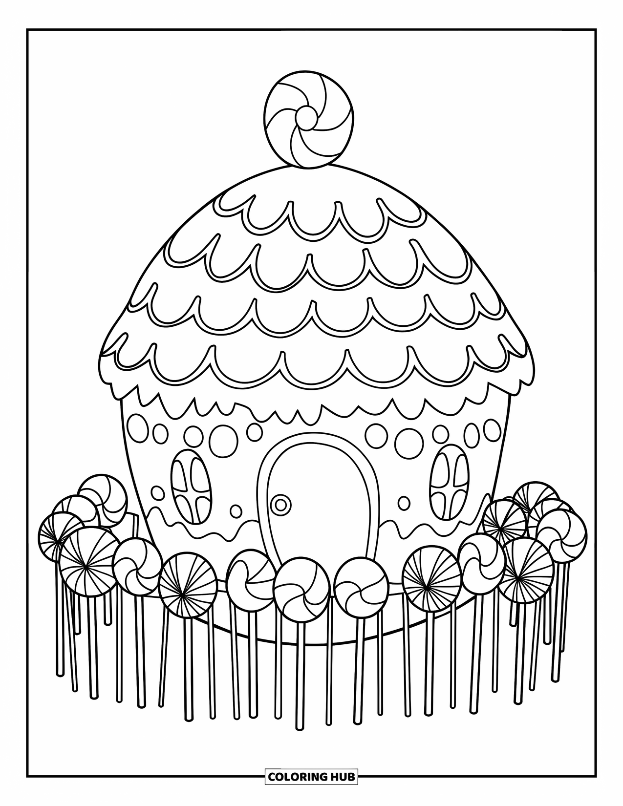 Disegno da colorare di una casetta di pan di zenzero per bambini: Una graziosa capanna di pan di zenzero con dettagli di caramelle e un design rotondo e allegro