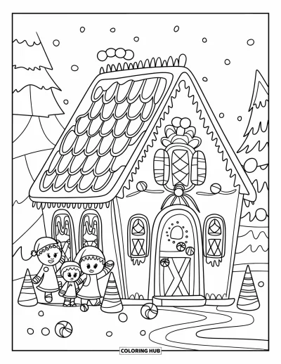 Coloriage de maison en pain d'épice pour enfants : Une maison festive en pain d'épice avec une petite famille plaçant des gommes aux fruits et des décorations de glaçage