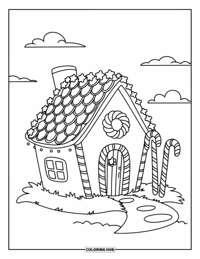 Coloriage de maison en pain d'épice pour enfants : Une maison festive en pain d'épice avec un toit recouvert de biscuits et une couronne de bonbons sur la porte