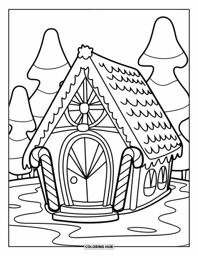 Coloriage de maison en pain d'épices pour enfants : Une maison en pain d'épices festive avec un toit en glaçage moelleux, des piliers en cannes en sucre d'orge et un fossé en chocolat