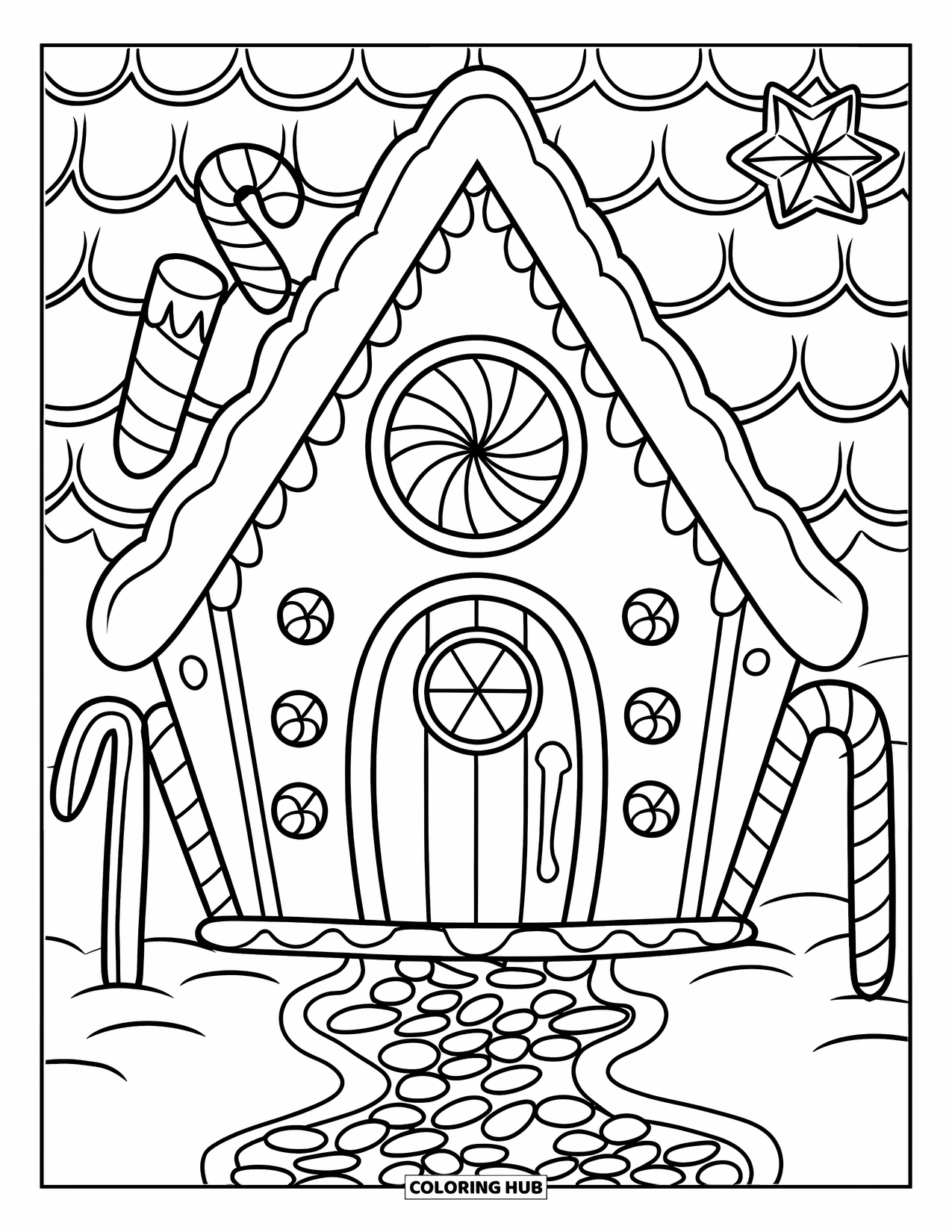 Disegno da colorare di una casetta di pan di zenzero per bambini: Una festosa casa di pan di zenzero con una spirale di menta piperita e un vialetto coperto di gelatine
