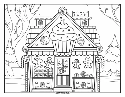 Coloriage de maison en pain d'épice pour enfants : Une boutique festive en pain d'épice avec des gommes aux fruits, des cannes de Noël et de douces friandises exposées