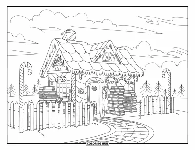 Coloriage de maison en pain d'épice pour enfants : Une librairie en pain d'épice avec une clôture et un chemin de briques rouges